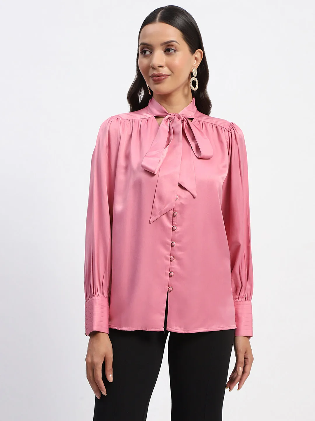 StaticFree Material Shoot Mood Madame Tie Up Neck Cuffed Sleeve Pink Top