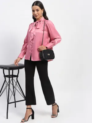 Madame Tie Up Neck Cuffed Sleeve Pink Top Layered Clothing AntiStatic Lining