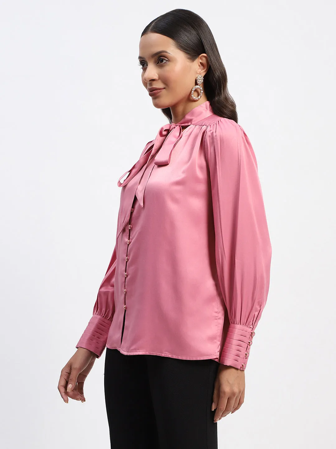 Madame Tie Up Neck Cuffed Sleeve Pink Top Surf Mood