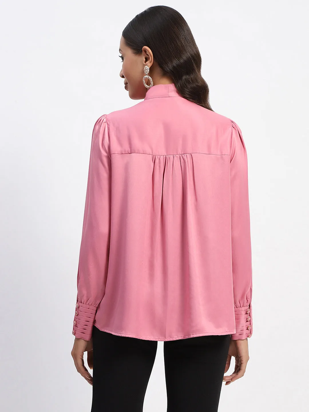 Everyday Outfit VentilatedMesh Madame Tie Up Neck Cuffed Sleeve Pink Top
