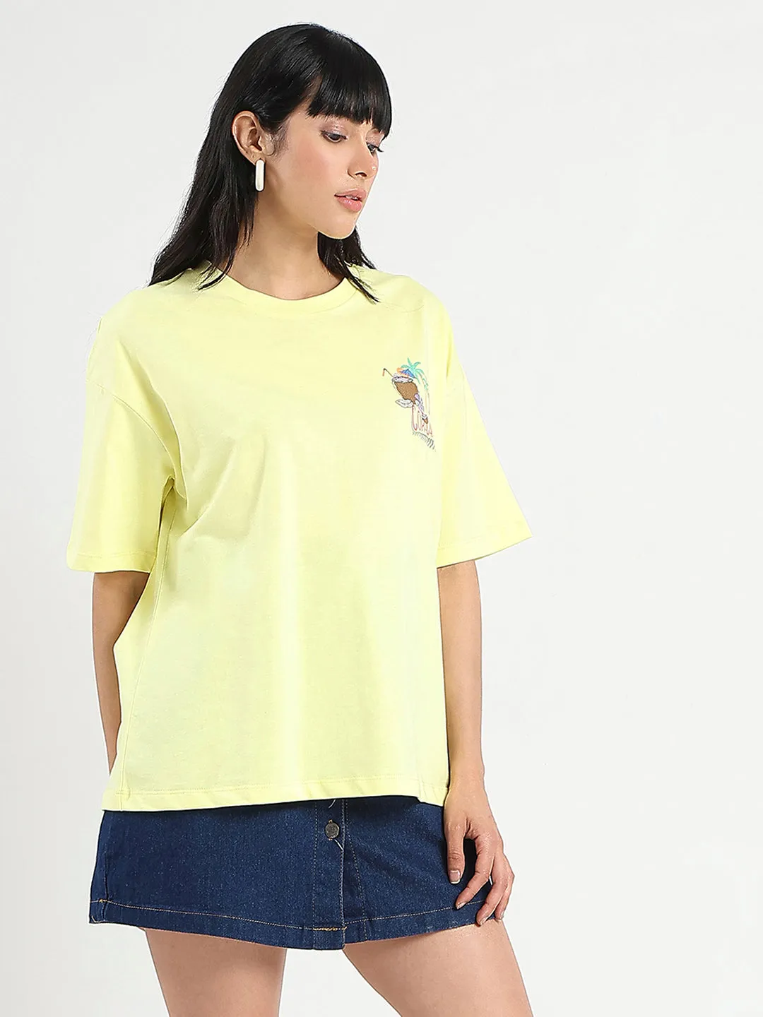 Street Casual Look Madame Graphic Print Detailed Yellow Cotton T-shirt