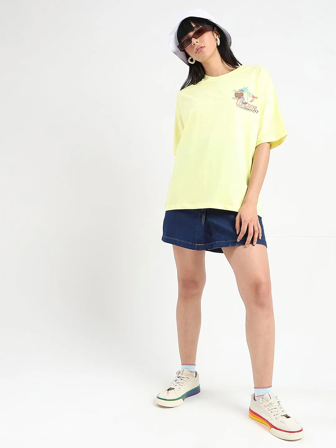 Madame Graphic Print Detailed Yellow Cotton T-shirt Layered Look Fashion Must-Have