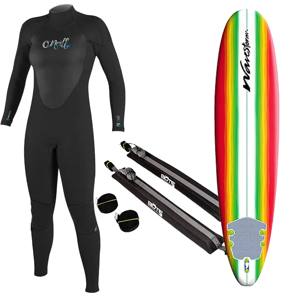 WaveDeflecting Collar Shape Flexible Joint Articulation Women's Wetsuit, Surfboard, and Rack Package