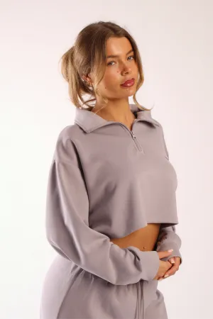Ski Core Quarter Neck Zip Light Weight Oversized Cropped Top Pebble