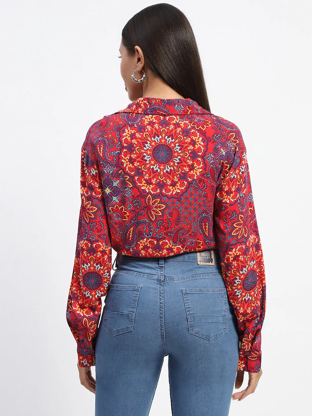 Madame Abstract Print Wrap Tie Detail Red Crop Top Warm Pullover