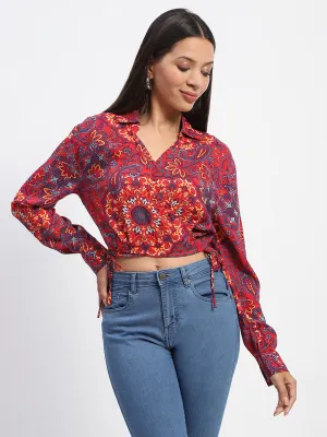 Madame Abstract Print Wrap Tie Detail Red Crop Top SeamlessTransition