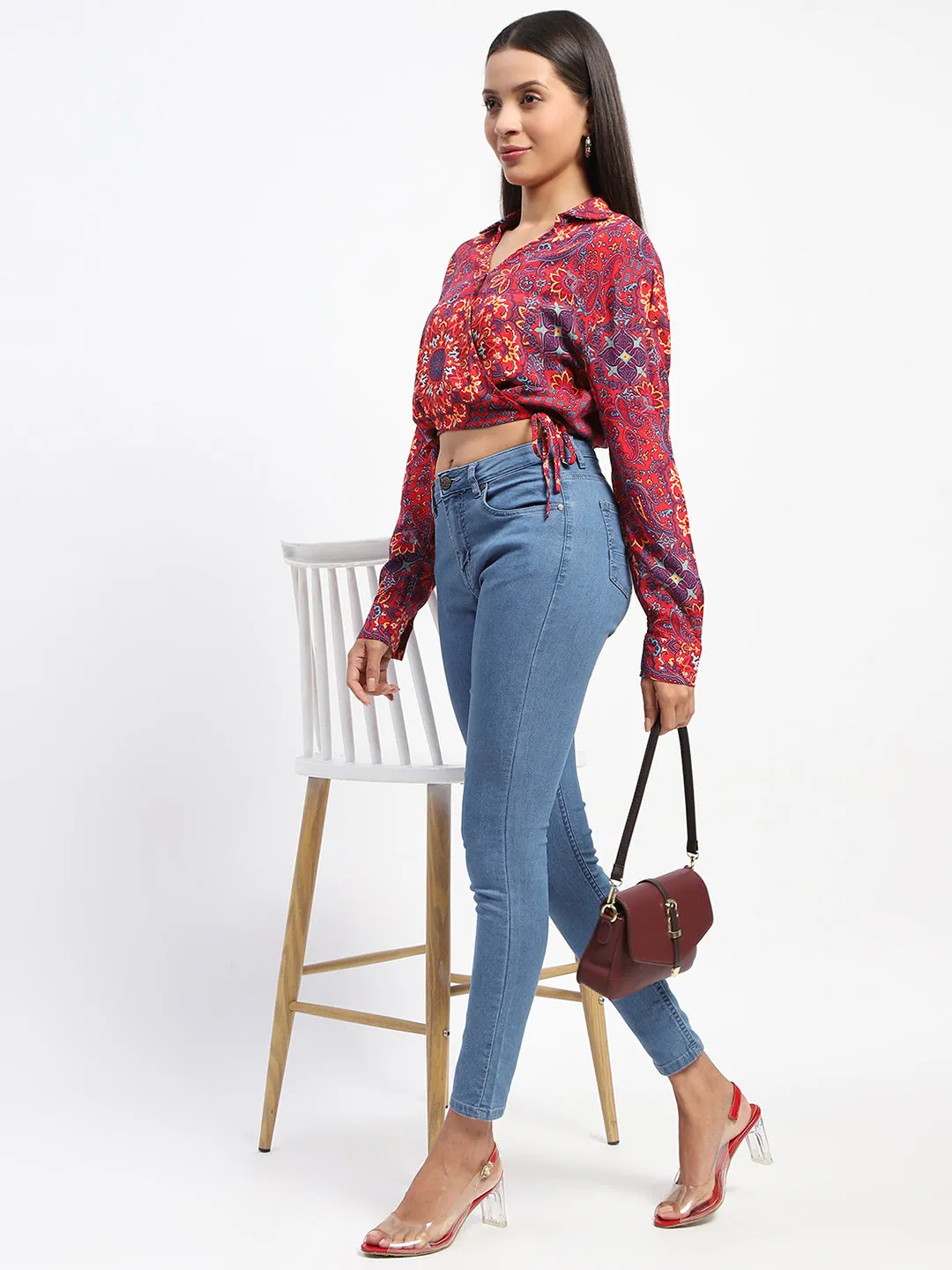 Stylish Jacket Madame Abstract Print Wrap Tie Detail Red Crop Top