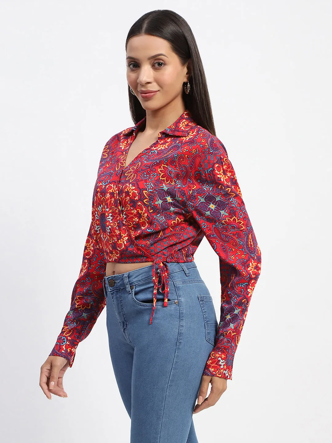 simple design QuickReleaseClosure Madame Abstract Print Wrap Tie Detail Red Crop Top