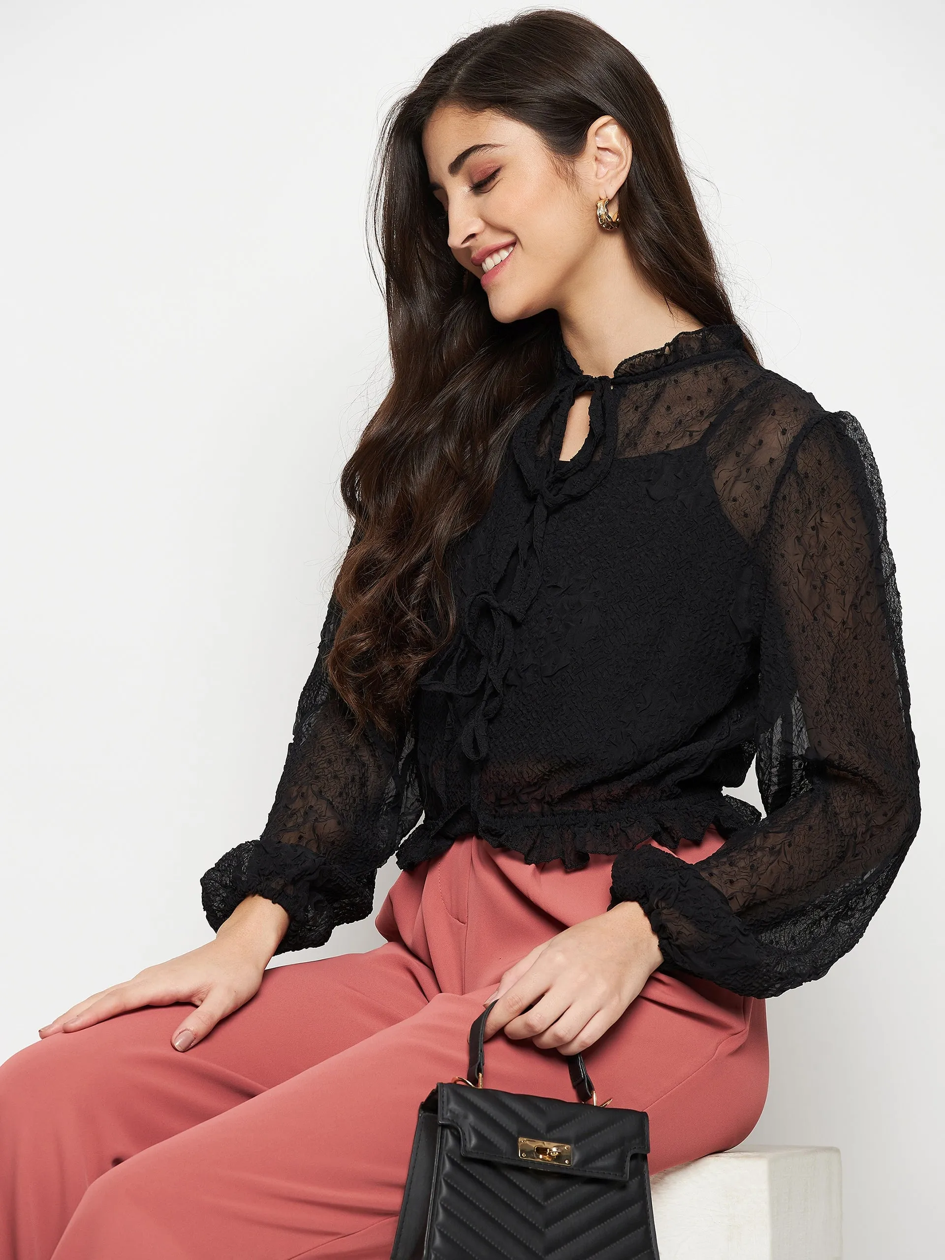 Sporty Gear Madame Textured Swiss Dot Detail Black Peplum Top
