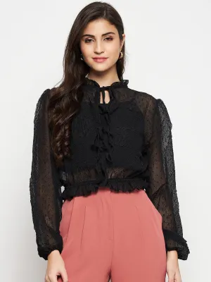 Madame Textured Swiss Dot Detail Black Peplum Top Easy Cool Fashion Accessory
