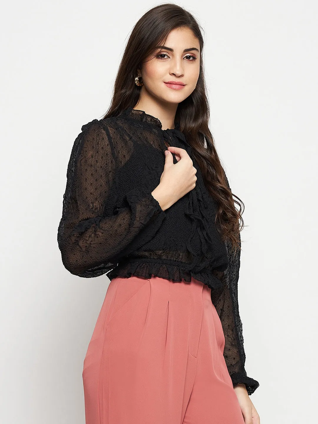 Madame Textured Swiss Dot Detail Black Peplum Top Casual Style QuickDryingTech