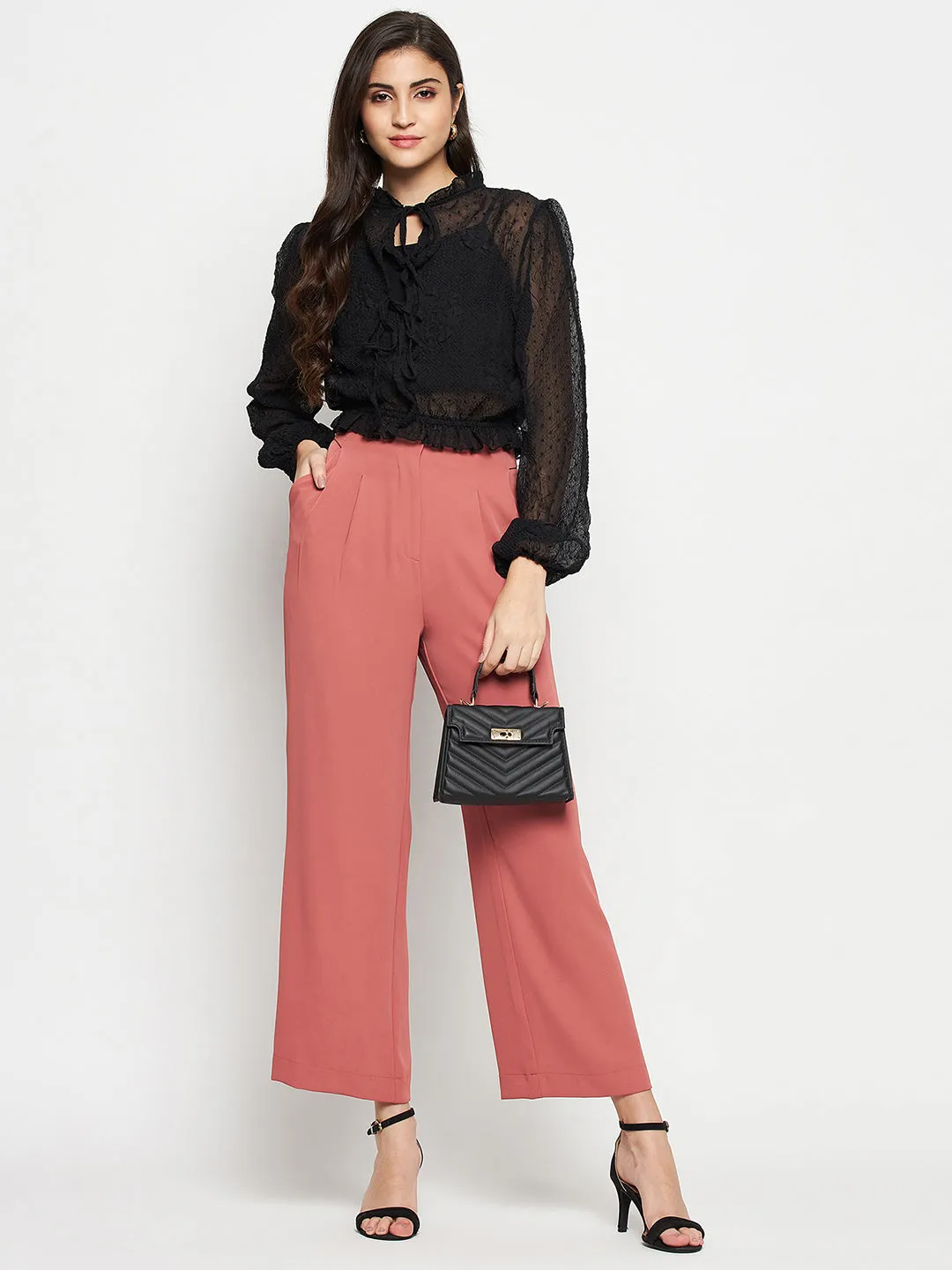 Fashion Trend Madame Textured Swiss Dot Detail Black Peplum Top