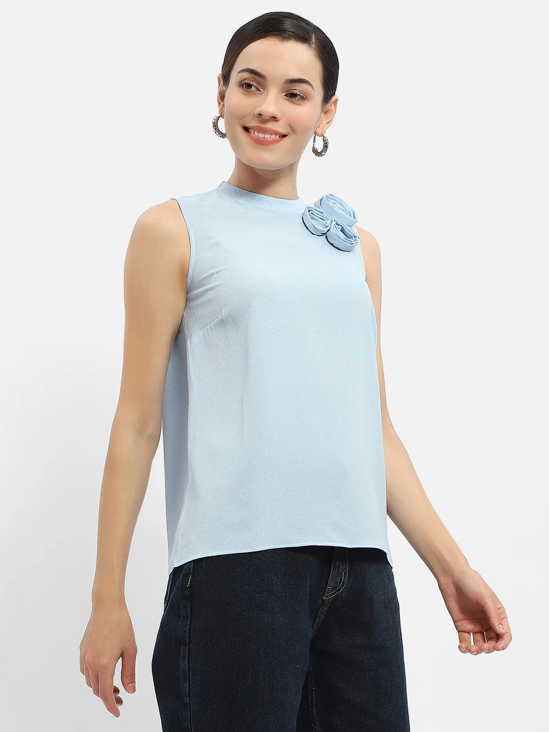 Versatile Dress Madame Applique Adorned Blue Shimmer Top