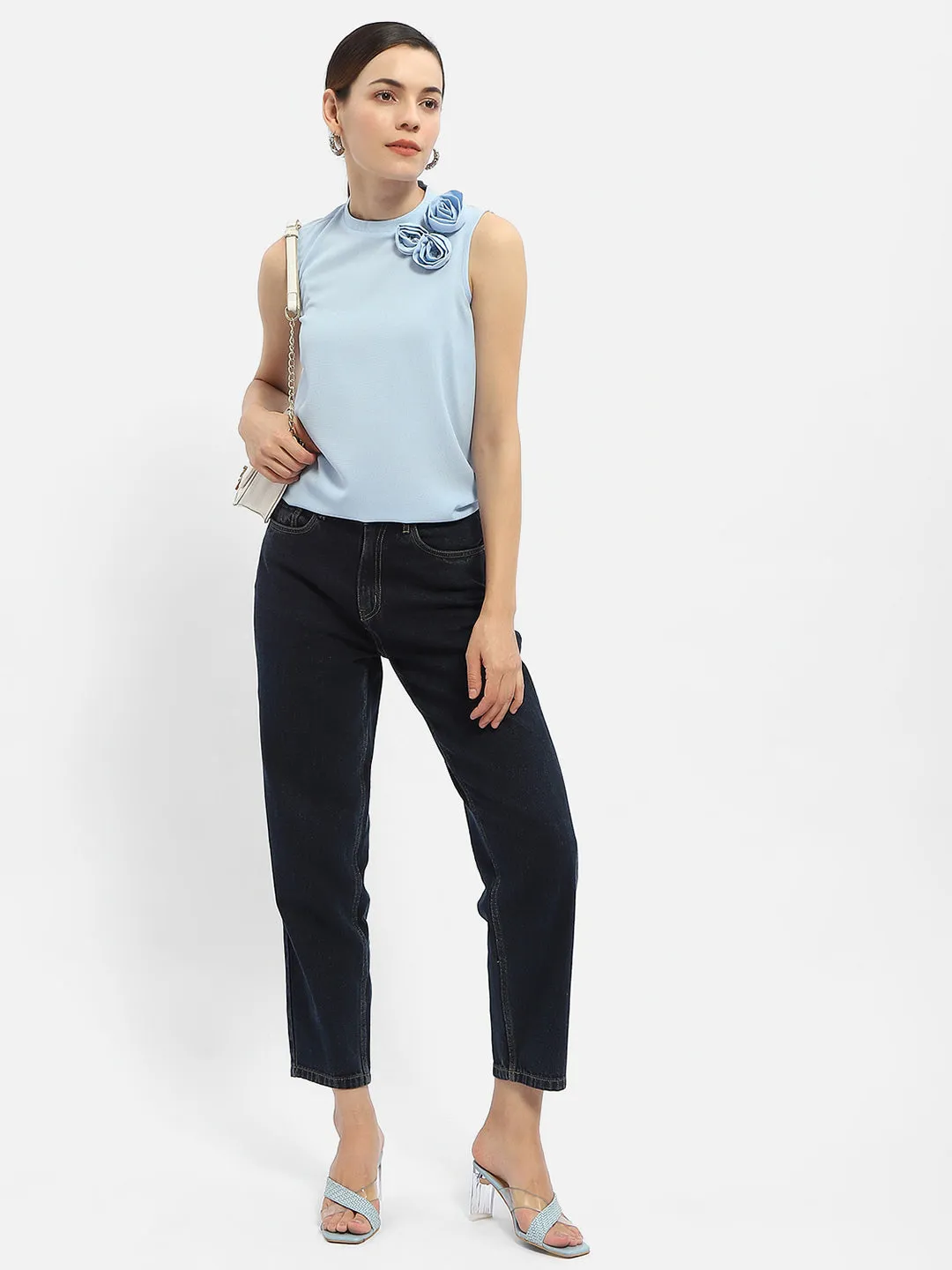 Madame Applique Adorned Blue Shimmer Top Digital Glow MultiFunctional Pockets