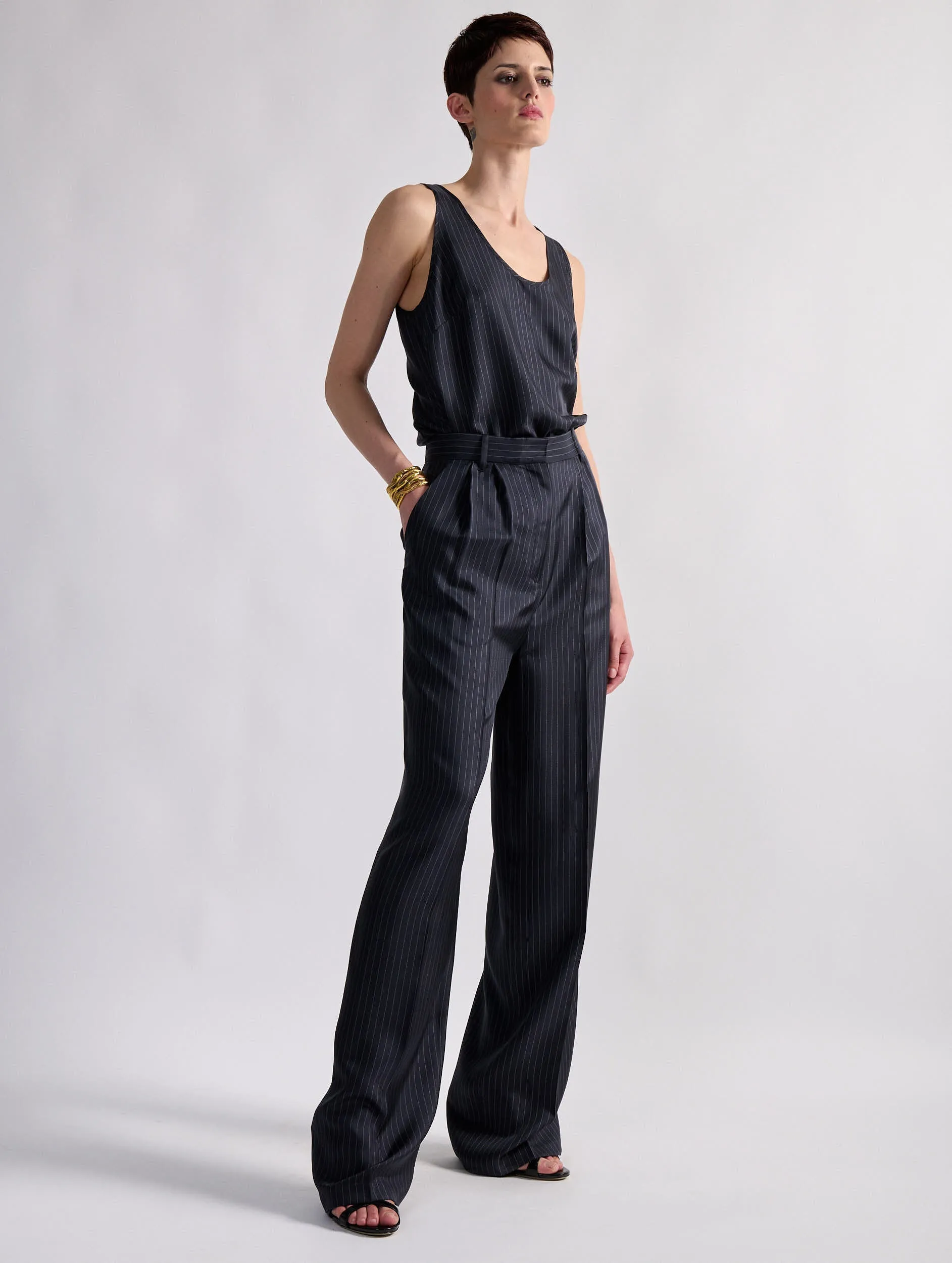 Tennis stripe print silk twill high-waisted pleated trousers Tear Resistant Design Lightweight Fabric