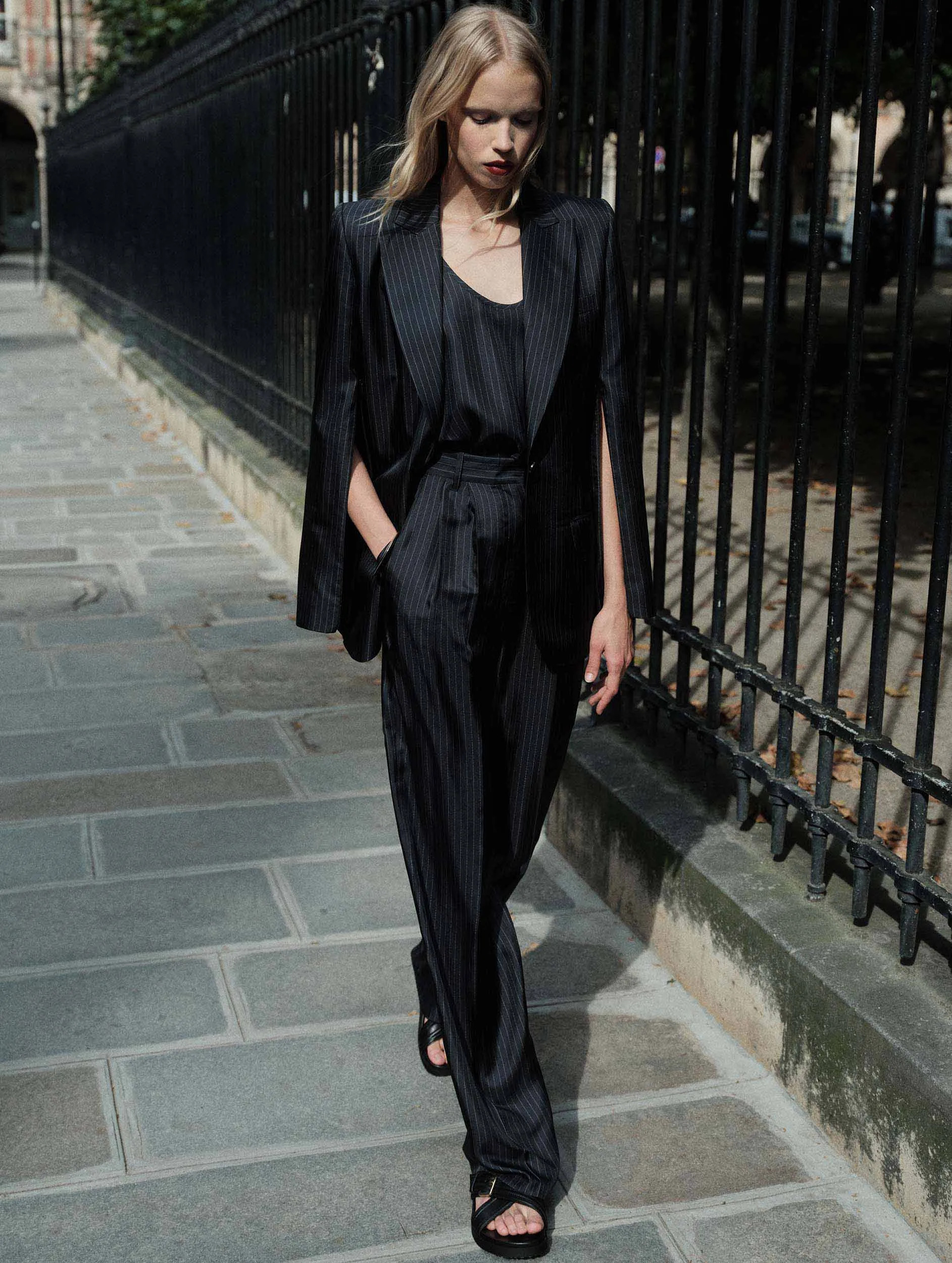 Tennis stripe print silk twill high-waisted pleated trousers Street Inspired QuickReleaseFastenings