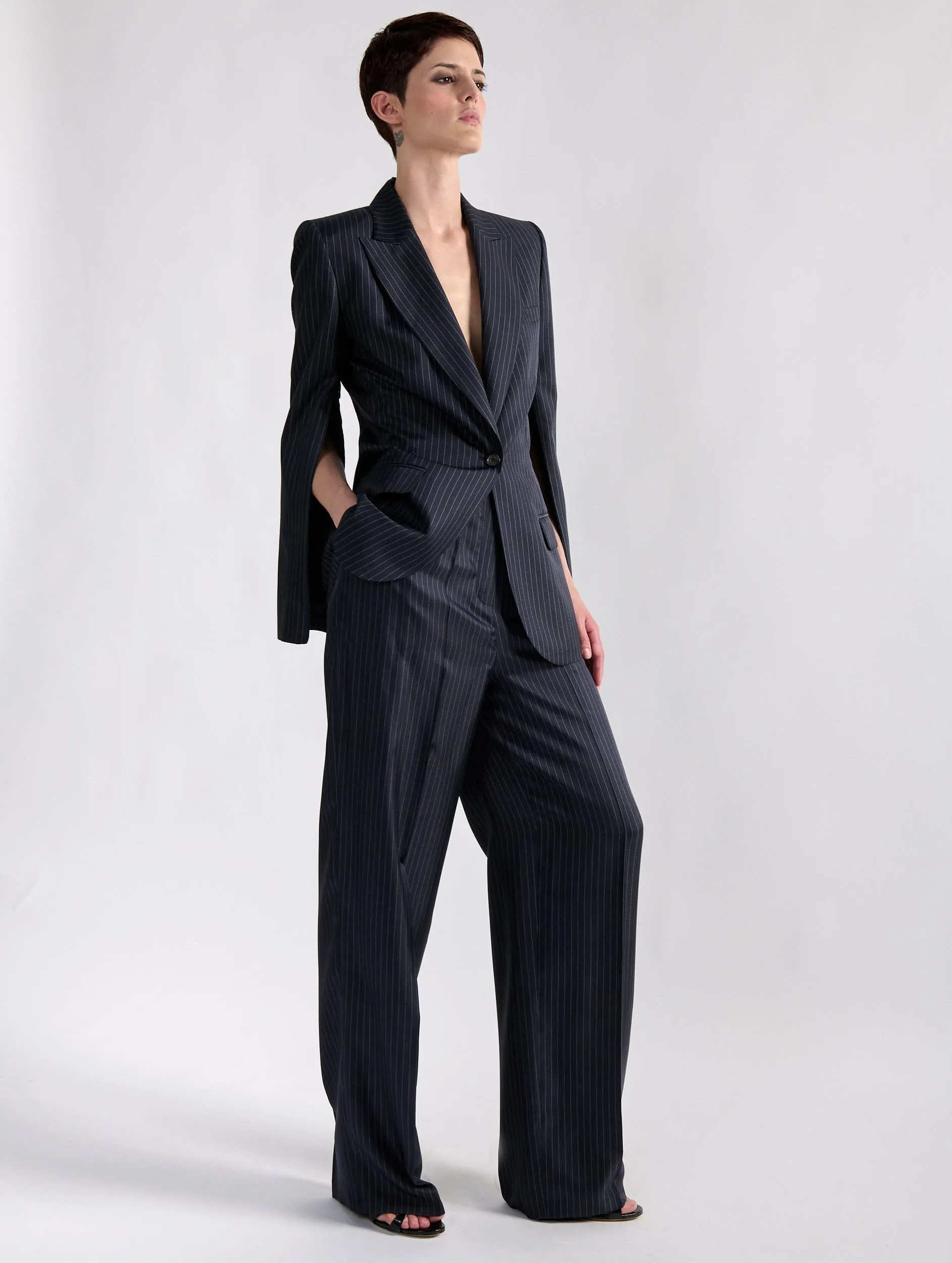 Sporty Comfort Tennis stripe print silk twill high-waisted pleated trousers