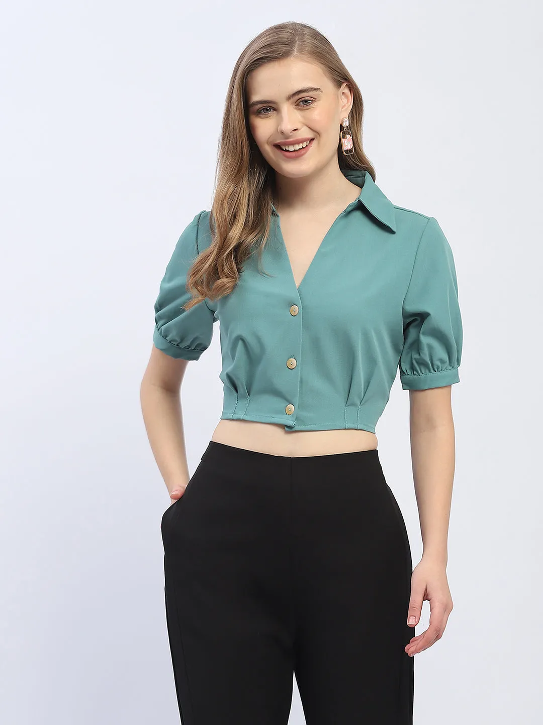 Madame Puff Sleeve Green Crop Shirt Craft Core