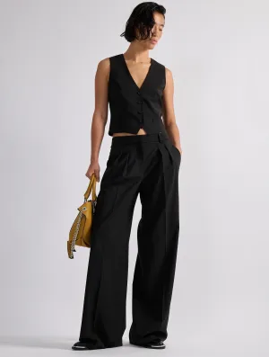 Black woollen canvas low-rise trousers smooth zipper