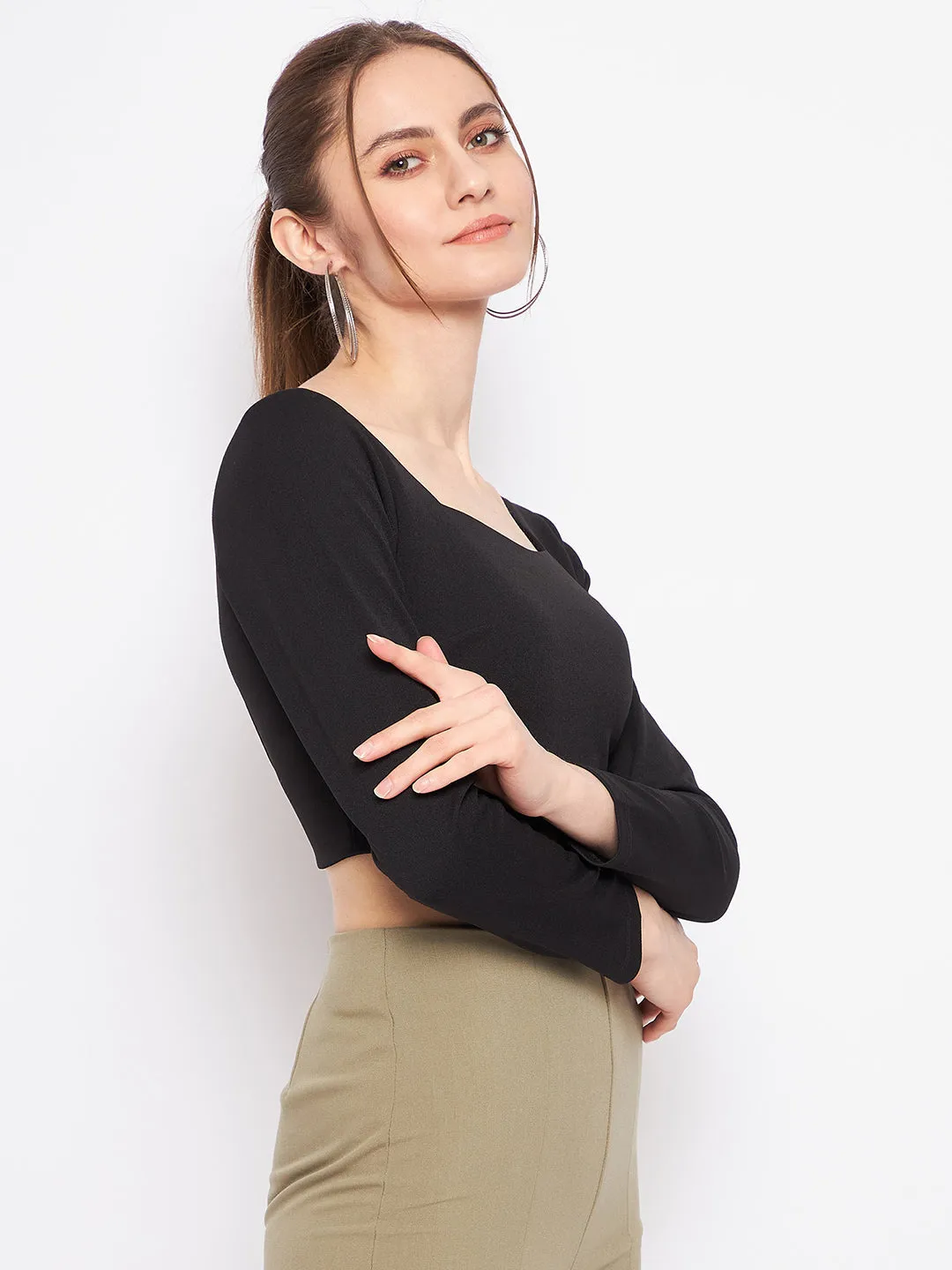 Madame Black Square Neck Top High-Quality Fabric ElasticBinding