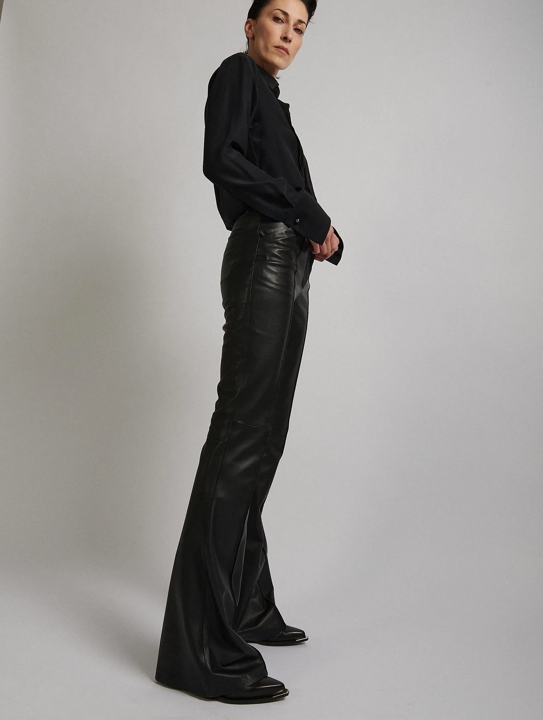 Black plong?? leather bootcut trousers Embroidered Detail EasyCareFabric