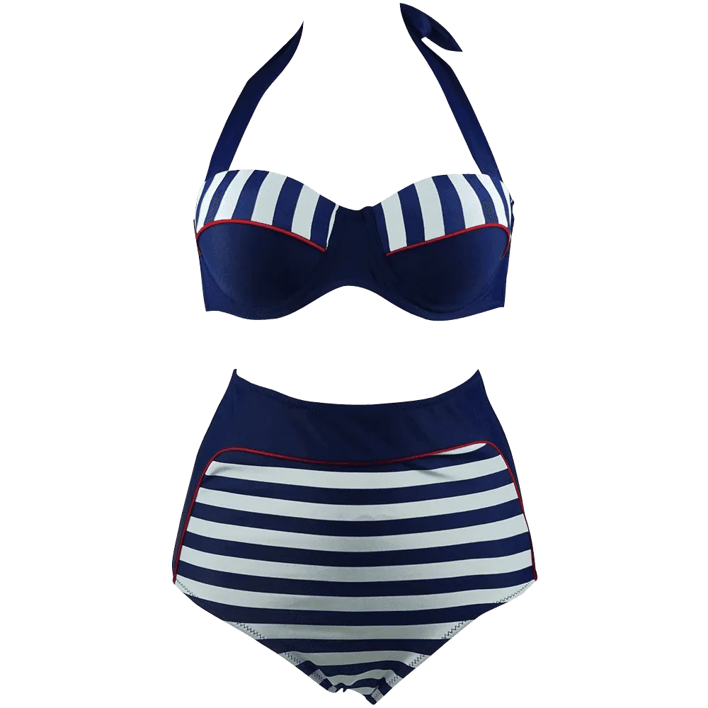 Cocoship Retro Navy Blue Stripe Black Polka Dot High Waist Bikini Swimsuit Soft Sweater WrinkleFreeTexture