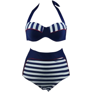 Cocoship Retro Navy Blue Stripe Black Polka Dot High Waist Bikini Swimsuit Soft Sweater WrinkleFreeTexture