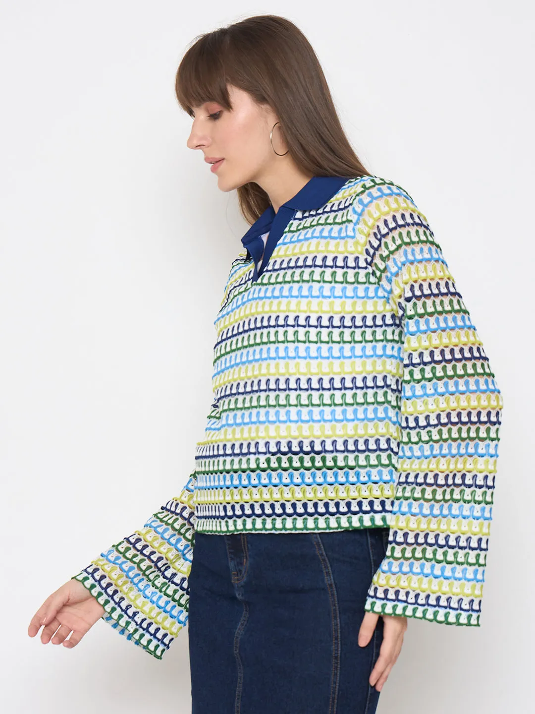 Madame Crochet Contrasting Collar Blue Top RecycledBlend