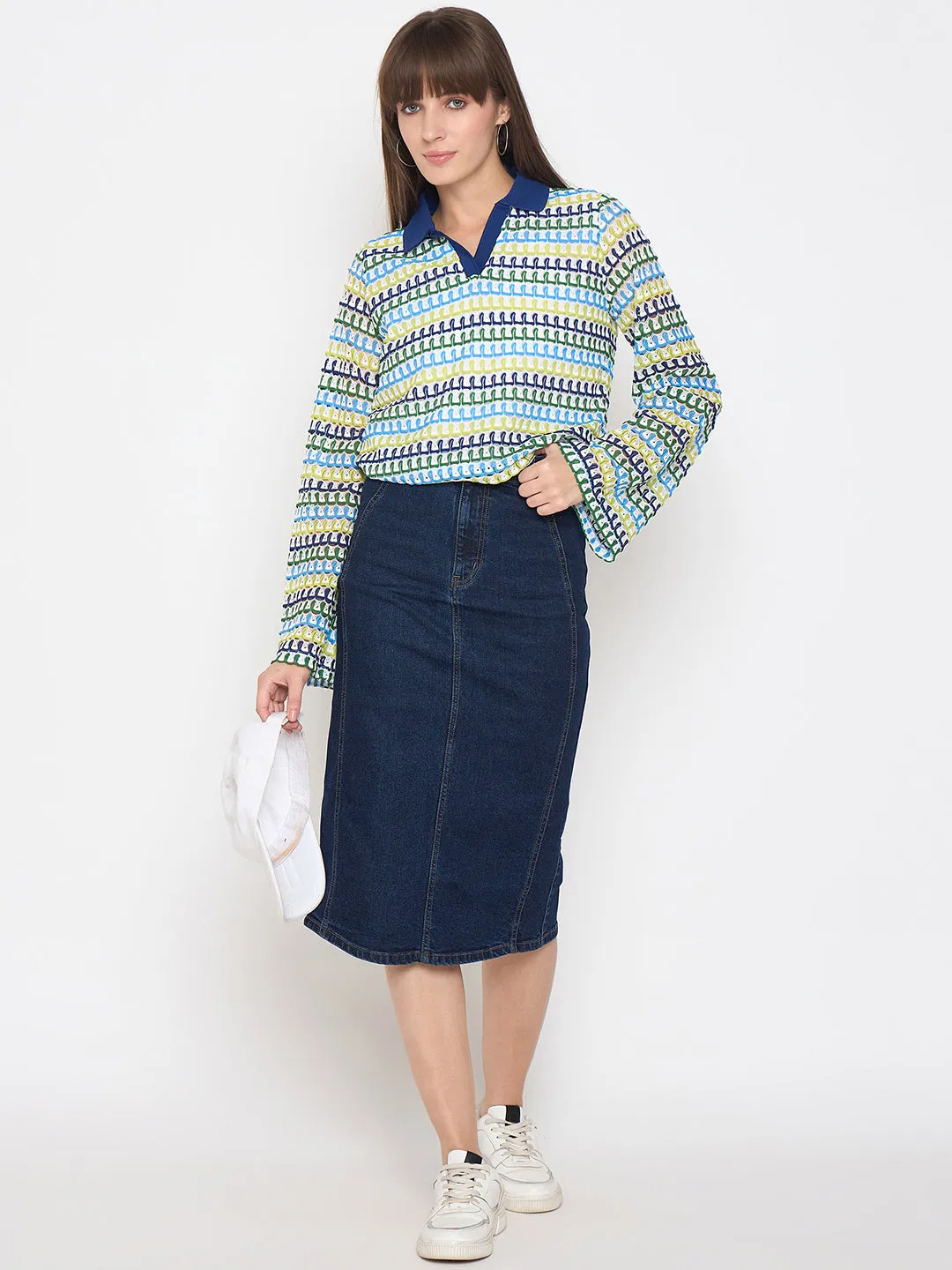 Madame Crochet Contrasting Collar Blue Top MultiPocket ElasticCuffDesign