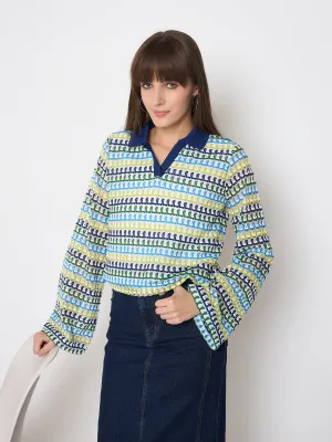 Madame Crochet Contrasting Collar Blue Top AntiSlip Grip Feather Glow