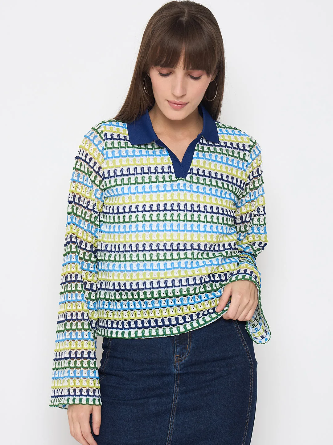 QuickRelease Closures Madame Crochet Contrasting Collar Blue Top
