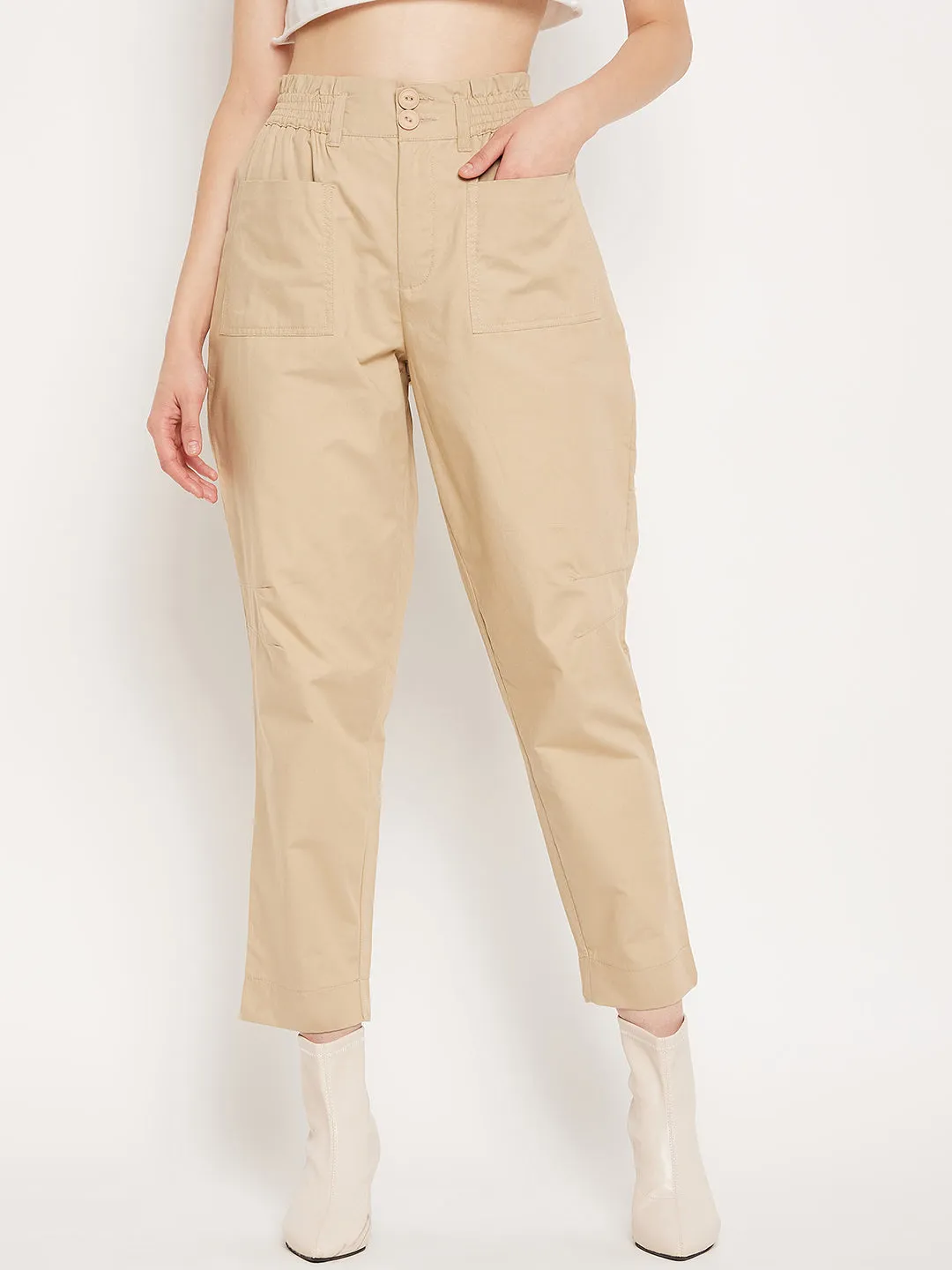 Barrel Waist hypoallergenic Madame Beige Ankle Length Cotton Trousers
