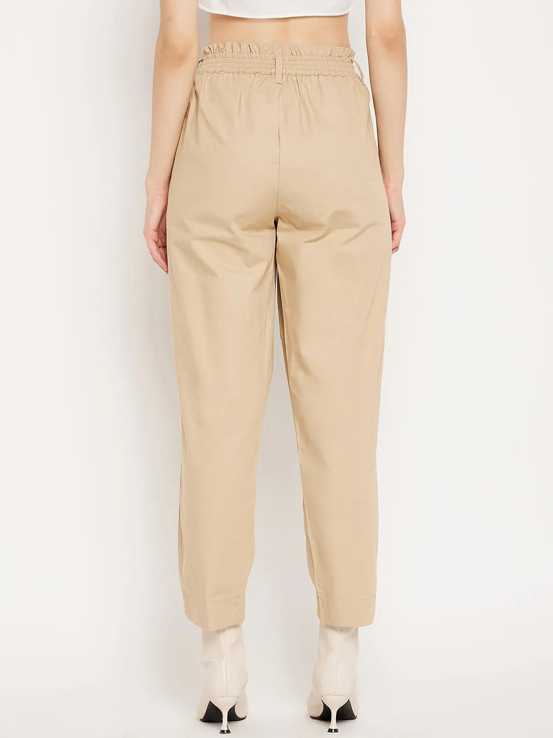 Flattering Fit Wear Madame Beige Ankle Length Cotton Trousers