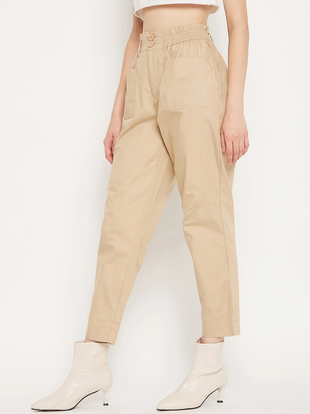 Madame Beige Ankle Length Cotton Trousers High Durability Thread