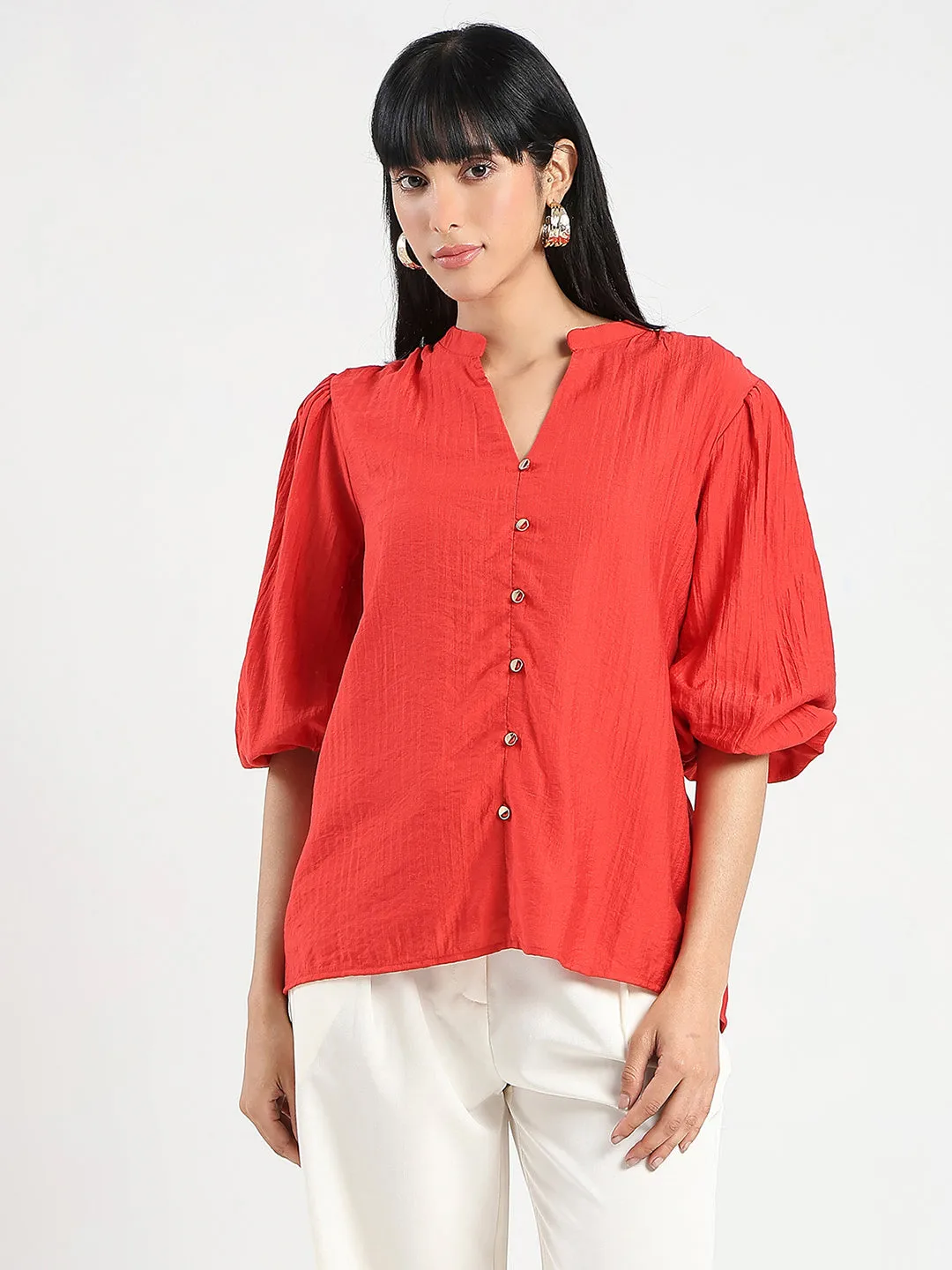 Cool Hooded Jacket UVProtectionCloth Madame Textured Ruffle Neck Rayon Blend Red Top