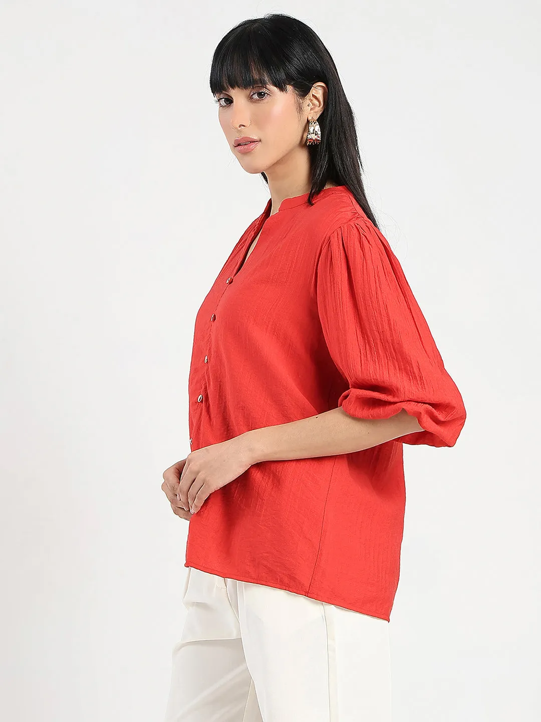 Effortless Design Madame Textured Ruffle Neck Rayon Blend Red Top