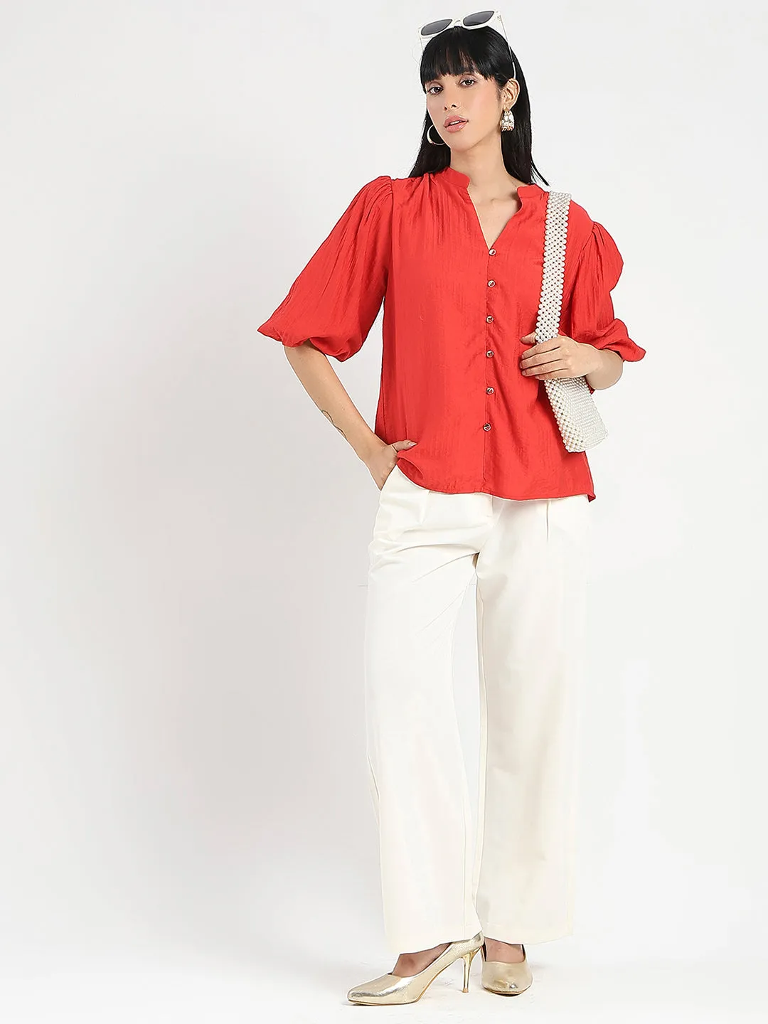 Madame Textured Ruffle Neck Rayon Blend Red Top UV Protection LowMaintenance