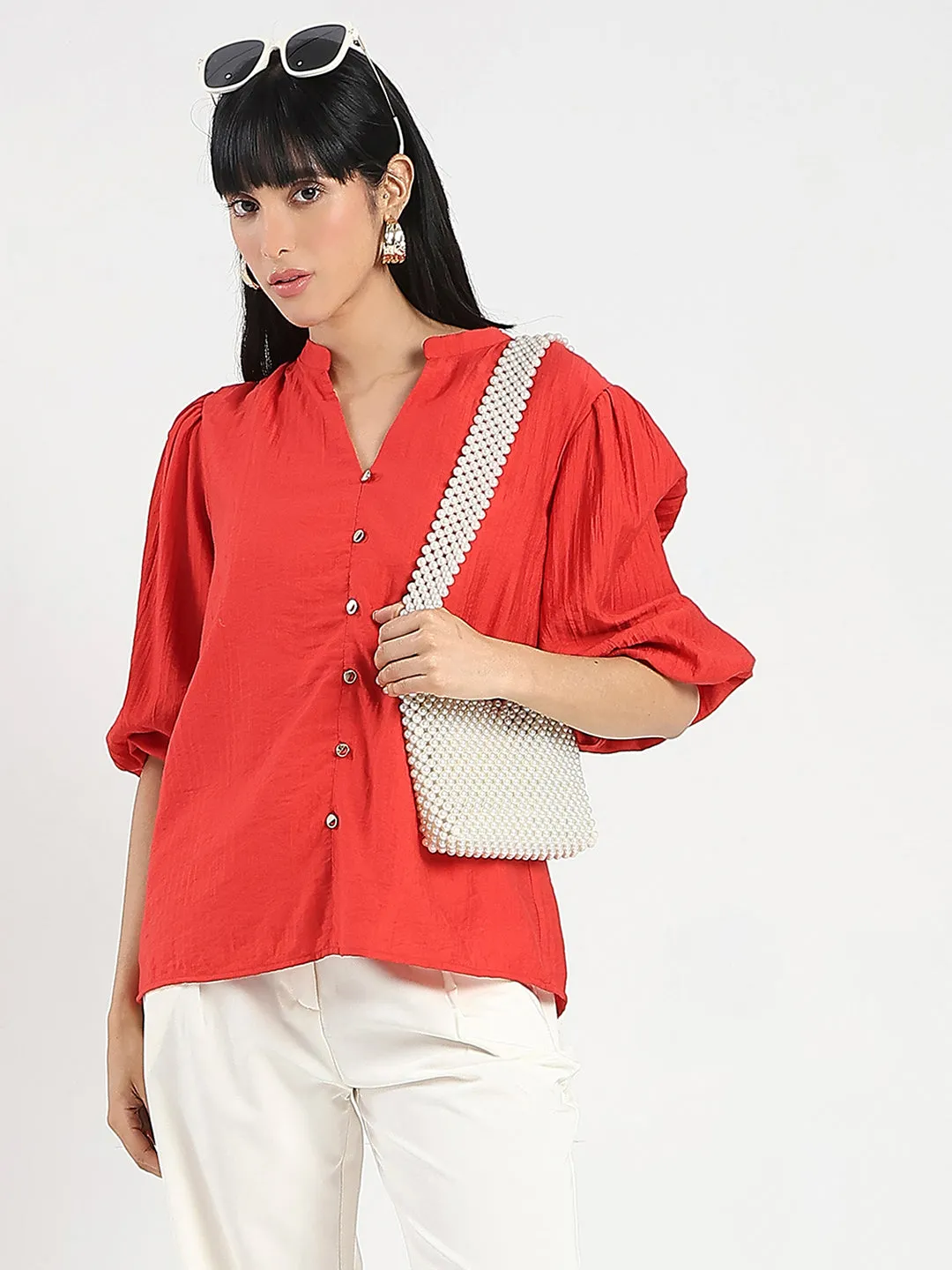 Madame Textured Ruffle Neck Rayon Blend Red Top Leader Fit