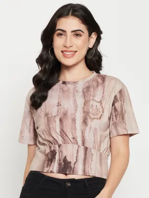 Madame Beige Sublimation Print Peplum Top Relaxing Design Simple Top