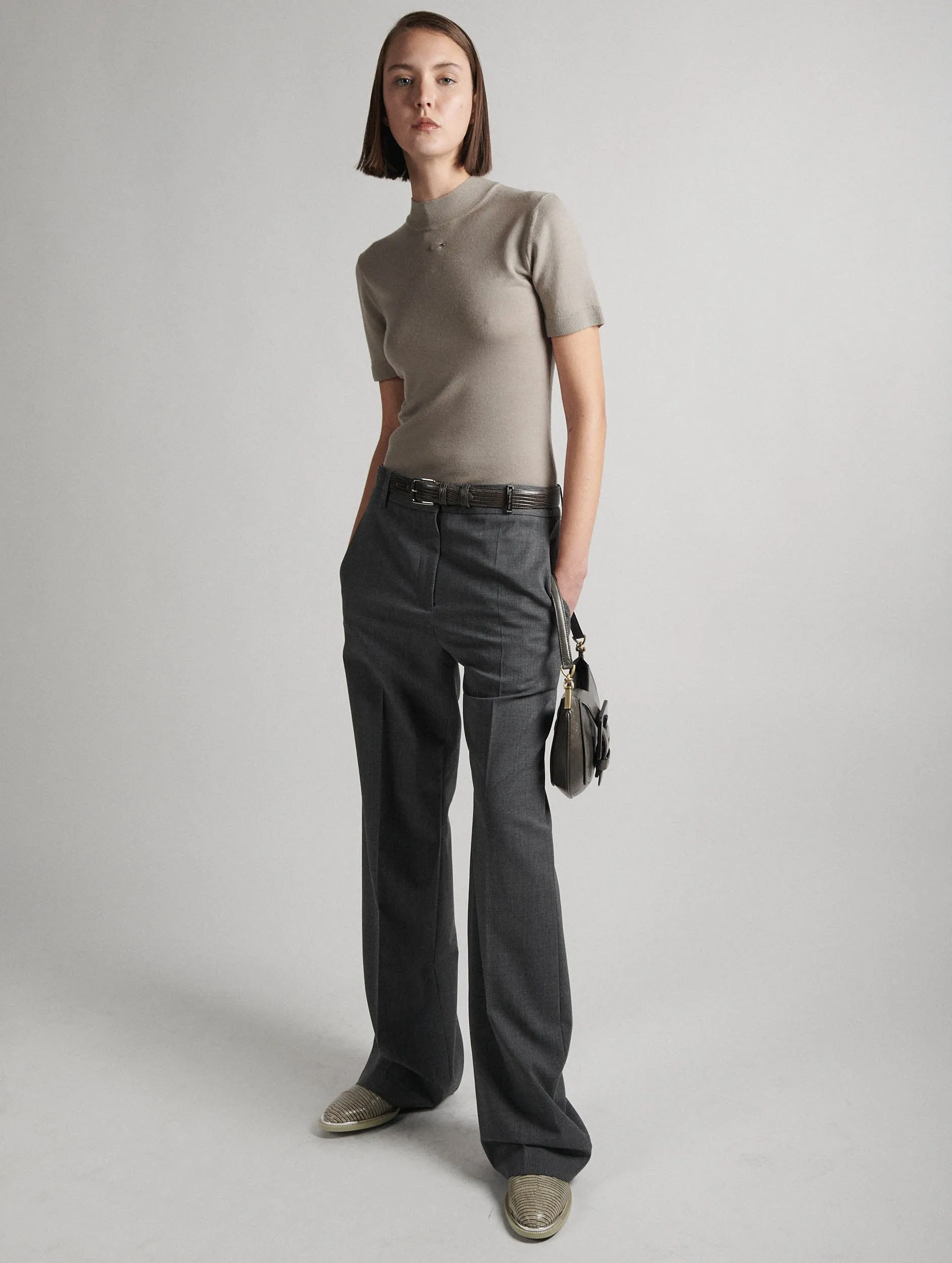 Grey  wool gabardine low-waist trousers Breathable Material Durable Comfort