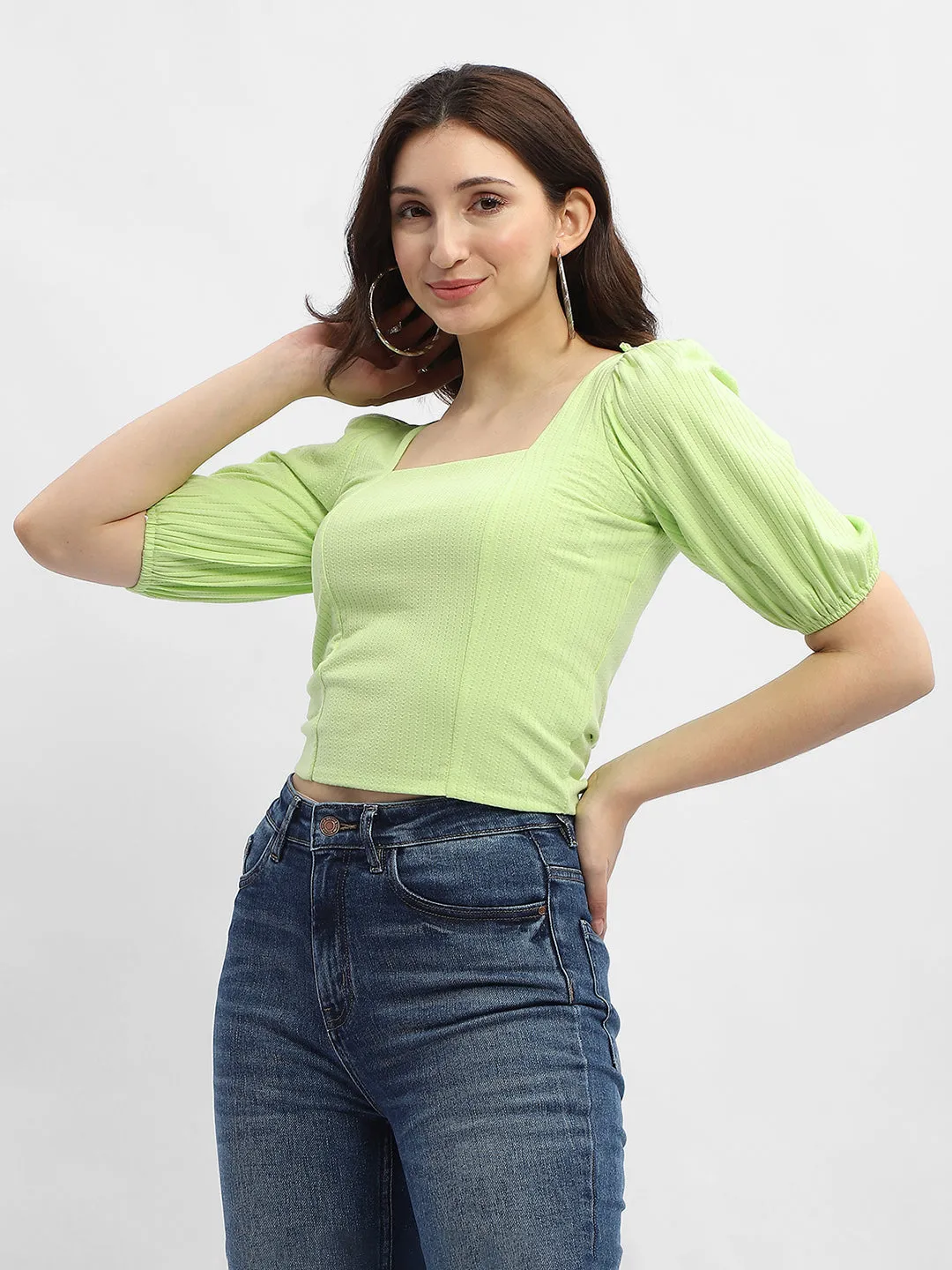 Madame Criss-Cross Back Neon Green Textured Top Simple Wear