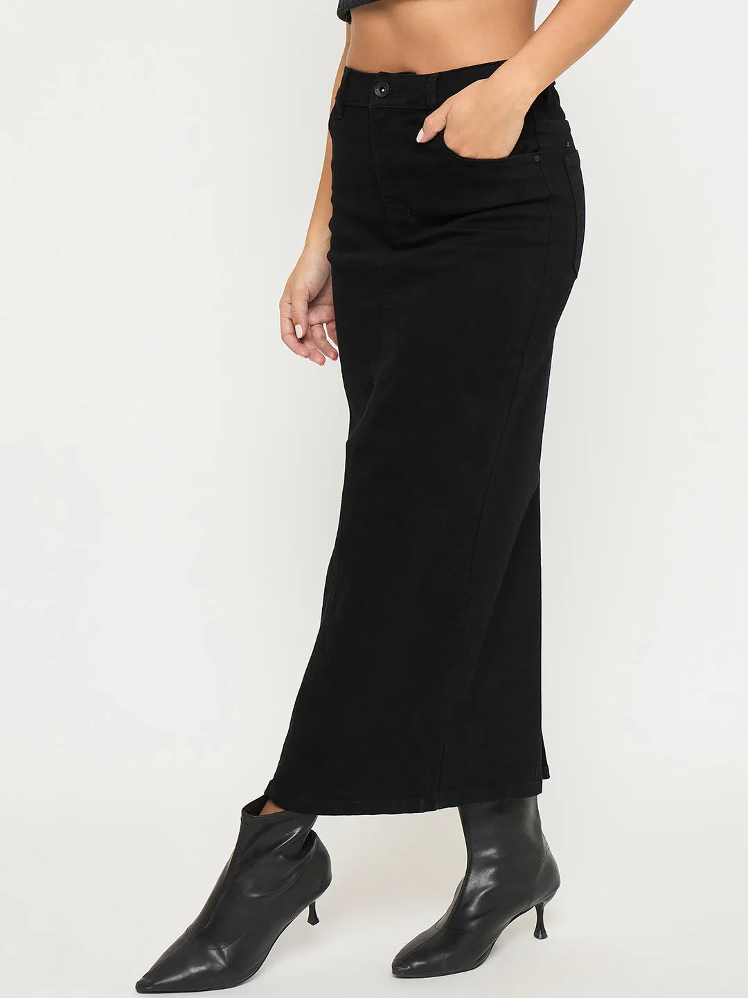 OdorResistant Material Cold Weather Outfit Madame Solid Jet Black Cotton Blend Maxi Denim Skirt