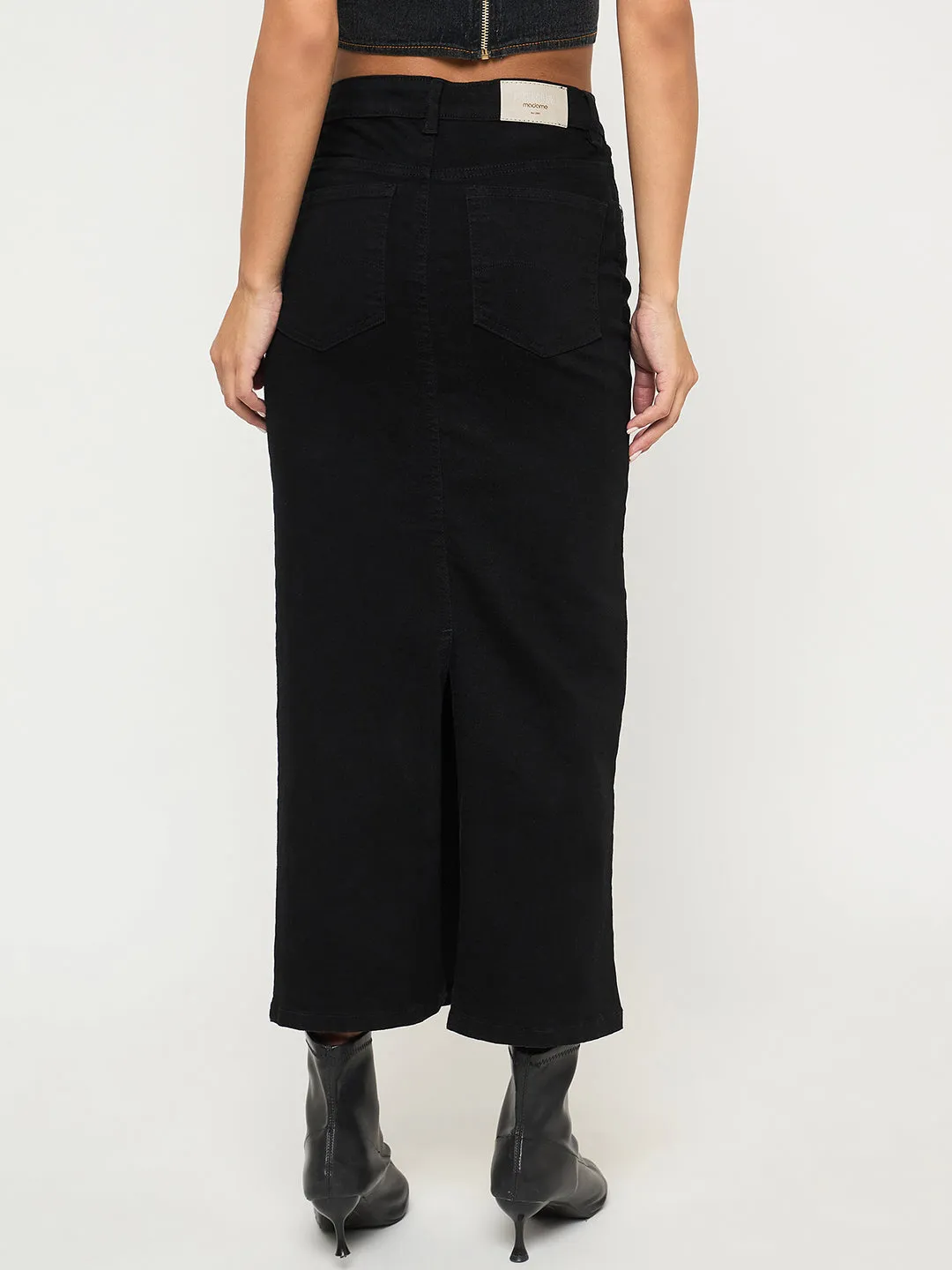Casual Shirt Madame Solid Jet Black Cotton Blend Maxi Denim Skirt