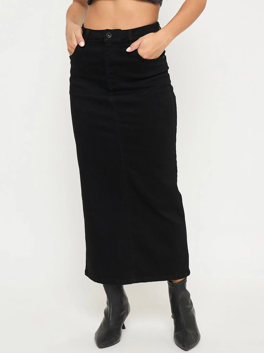 AI Style WaterResistant Coating Madame Solid Jet Black Cotton Blend Maxi Denim Skirt