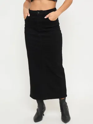 AI Style WaterResistant Coating Madame Solid Jet Black Cotton Blend Maxi Denim Skirt