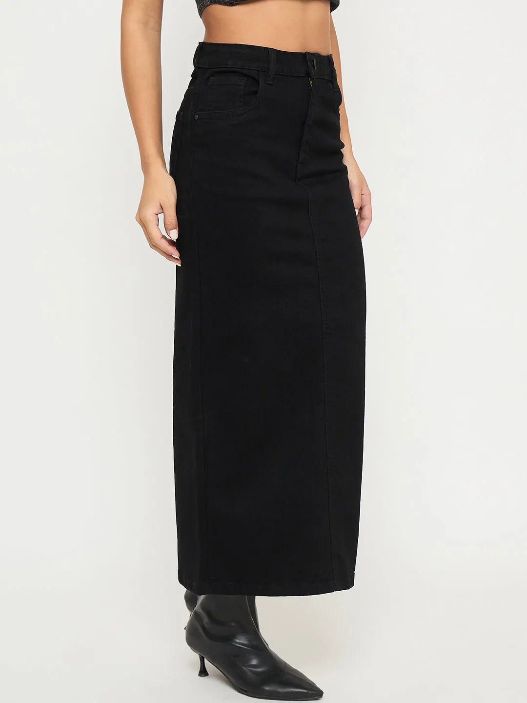 AntibacterialMaterial Heroine Glow Madame Solid Jet Black Cotton Blend Maxi Denim Skirt
