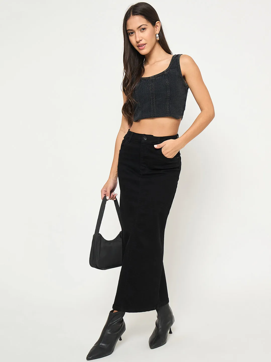 Madame Solid Jet Black Cotton Blend Maxi Denim Skirt SoftTouchLining