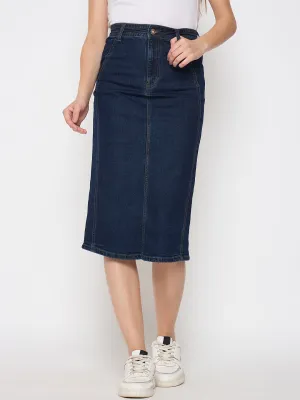 Madame Seam Detailed Dark Blue Denim Midi Skirt Simple Layering Translucent Soul