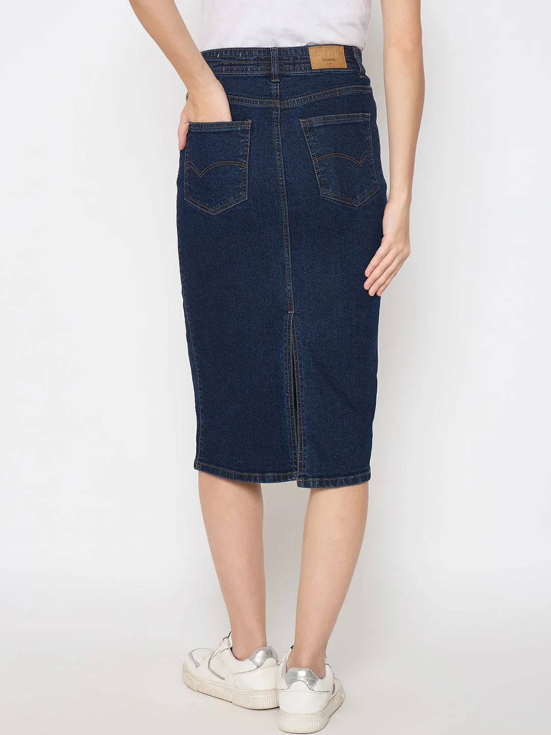 Madame Seam Detailed Dark Blue Denim Midi Skirt FlatlockStitching warm fleece