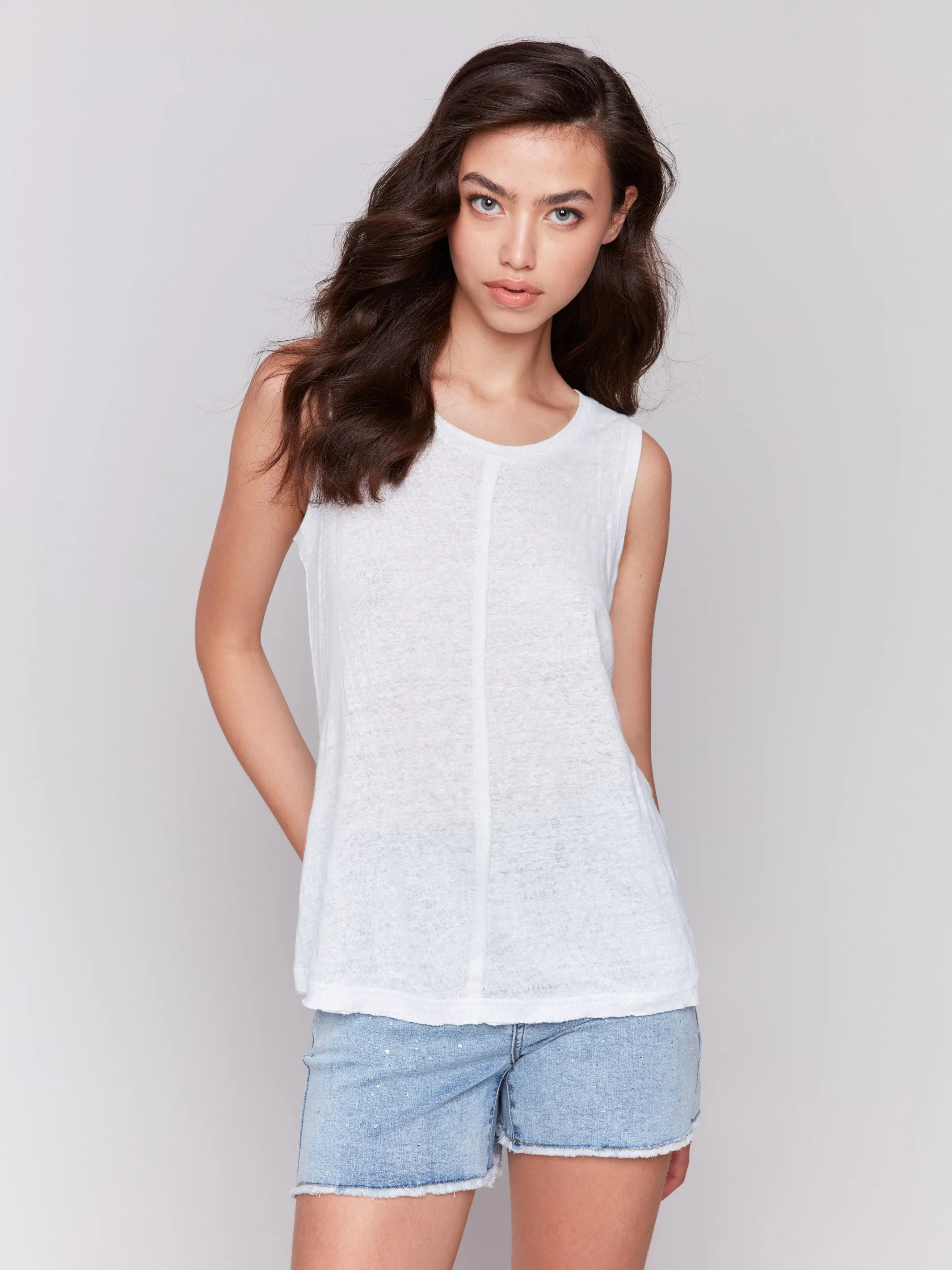 Linen Blend Sleeveless Top - White UVProtectionCloth Durable Stitching
